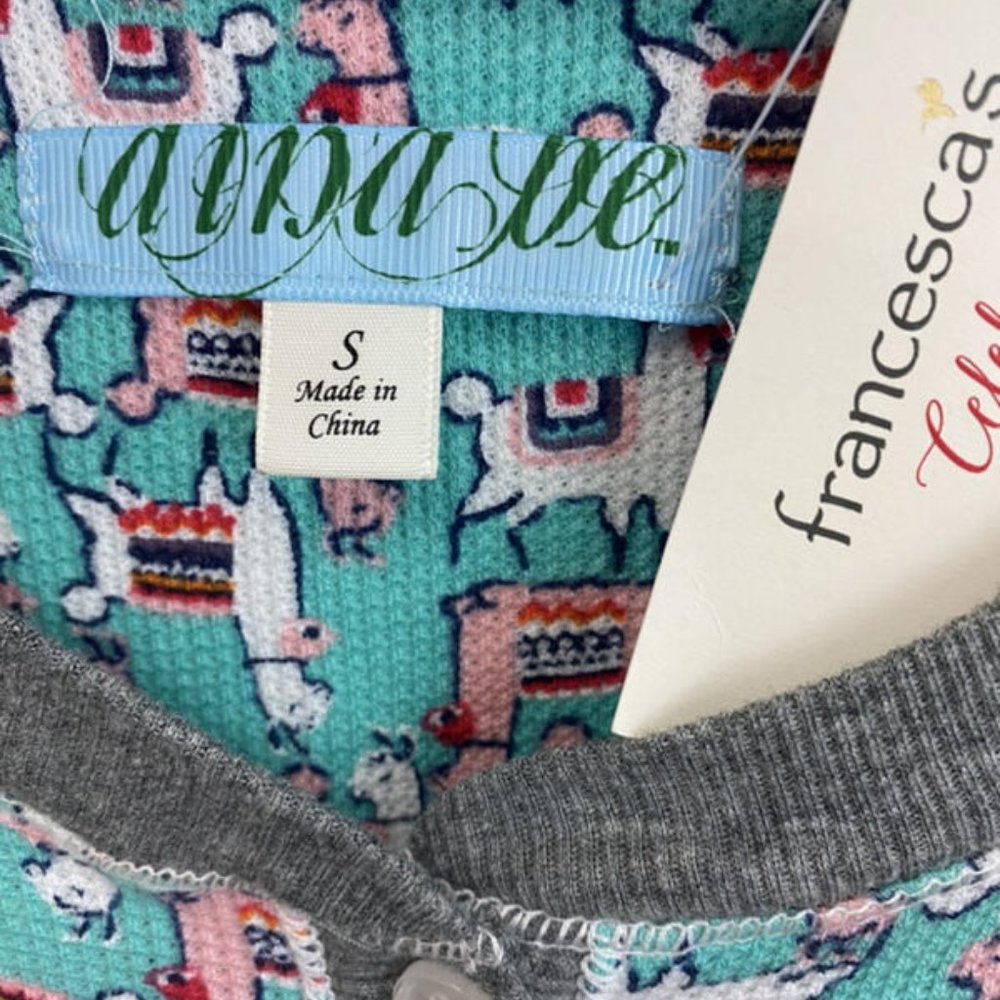 NWT Dina Be Francescas S Thermal Llama One Piece Pajamas Mint Pink Waffle Weave - Picture 6 of 7